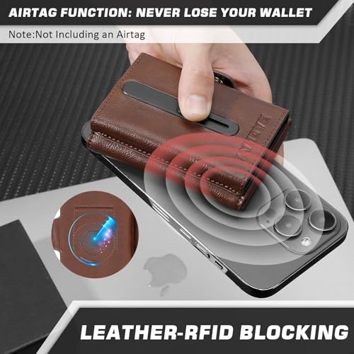 Wallet with Airtag Holder, Pop Up Card Holder and Cash Slot — Leather, Compatible with Apple Air Tag, RFID Blocking, Tri-fold Mens Wallet, Gift for Men (Brown)2