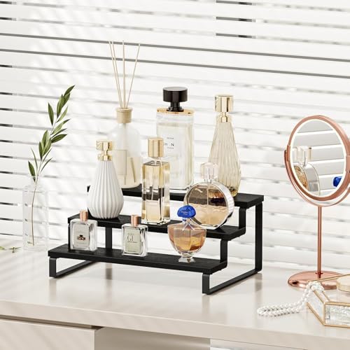 Image of 3 Tier Wooden Spice Rack for Kitchen Countertop -Step Shelf Organizer for Spices, Jars & Condiments | Metal Frame Wood Shelf For Counter Storage - Black (35 x 24 x 15 cm)