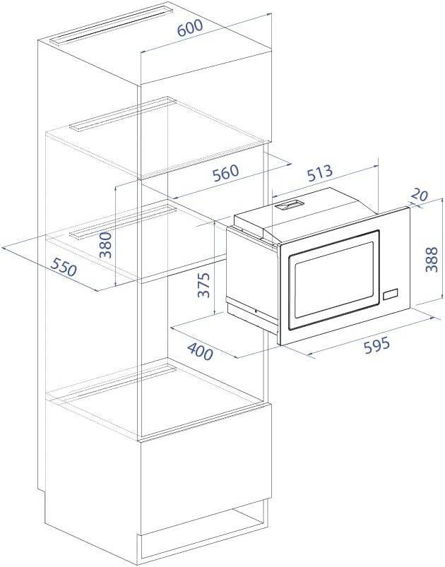 Dimensional drawing for the Mayer MMWG25B Built-in Microwave Oven, showing installation measurements.