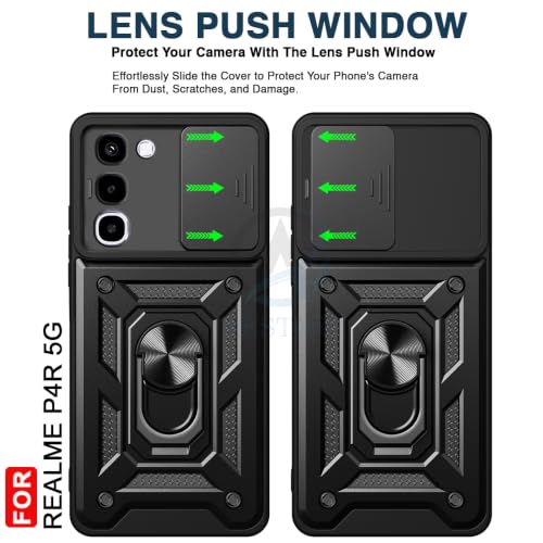 Image of AESTMO Tough Armor Realme P4R 5G Bumper Back Case Cover | Ring Holder & Sliding Camera Shield Cover | 360 Degree Protection Back Case Cover for Realme P4R 5G (Black)