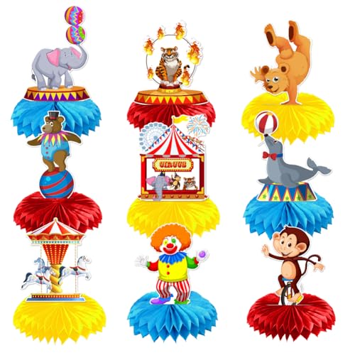 Carnival Centerpieces for Tables, 9 Pieces Clowns Elephants Bears Tigers Monkey Animals Print Carnival Circus Theme Honeycomb Centerpieces for Baby Shower Birthday Summer Party Decorations