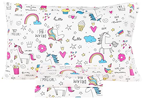 Scientific Sleep Unicorn Like Doughnut Rainbow Cake Popcorn 100% Cotton Cozy Twin Bed Sheet Set, Flat Sheet & Fitted Sheet & Pillowcase Boys Girls Bedding Set