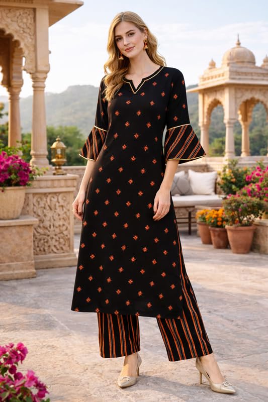 Image of idaLia Women Rayon Black Gold Printed Kurta Set | Straight Fit Kurta with Pants | 3 /4 Sleeves | V-Neck Ethnic Wear for Office, Casual & Festive