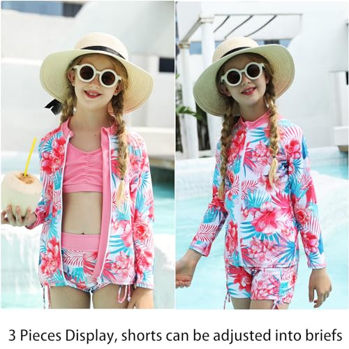 Image of Funnycokid Girls Swimsuit 3 Pieces Zip Rash Guard Bathing Suits Set Kids Bikini Boyshort Summer Swimwear 3-14 Years