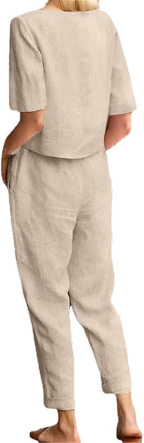 Womens 2 Piece Outfits Summer Cotton Linen Casual Matching Sets Loose Fit Short Sleeve Gauze Tops and Leg Trousers