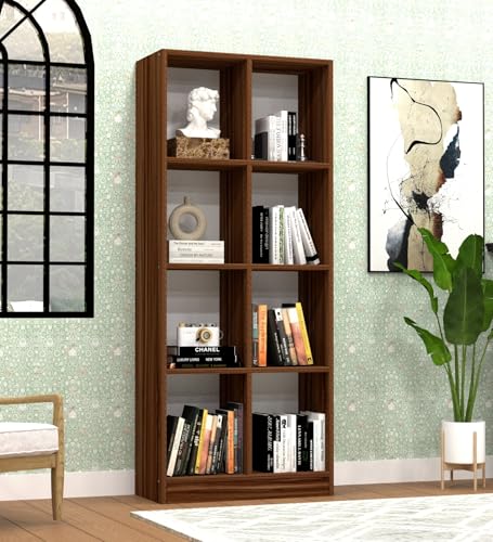 Image of SPECIALITY PANELS 8 Cube Bookshelf with Drawer, Walnut Brown Wood Finish, Open Storage Organizer, Freestanding Display Shelf
