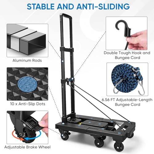 Image of TICONN 330LB Folding Hand Truck Dolly, Portable Heavy Duty Dolly Cart with 7 Tank Wheels, Lightweight Luggage Moving Cart with 2 Brake Wheels for Moving, Shopping, Travel, Office