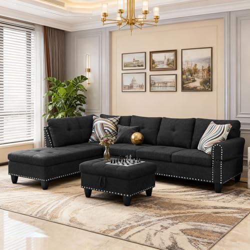 Saxum Tegmen 98 Sectional Couches for Living Room, Linen Fabric L-Shaped Couch with Cup Holders and Storage Ottoman, 3 Pieces Living Room Sofa Set (Set, Black Grey)