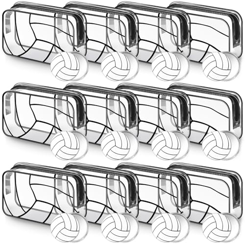 24 Pcs Volleyball Gifts for Teen Girls 12 Volleyball Makeup Bags with 12 Round Makeup Pocket Mirror, 7 x 4.7 x 2.4'' Volleyball Cosmetic Bag Sport Gifts for Women Players Fans (volleyball)