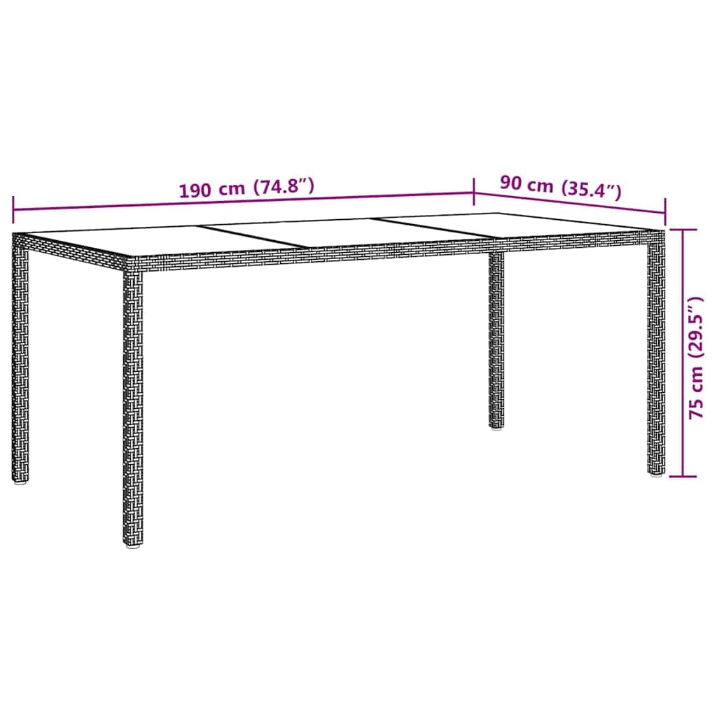 vidaXL Stół ogrodowy, szary, 190x90x75 cm, szkło i rattan PE, stół ogrodowy, stół do ogrodu, stolik ogrodowy, stoły ogrodowe, stoły do ogrodu