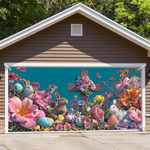 Image of Spring Floral Cross Garage Door Cover 157x70 inch Bunny Colorful Eggs Butterfly Christian Outdoor Mural Waterproof Easter Home Decor