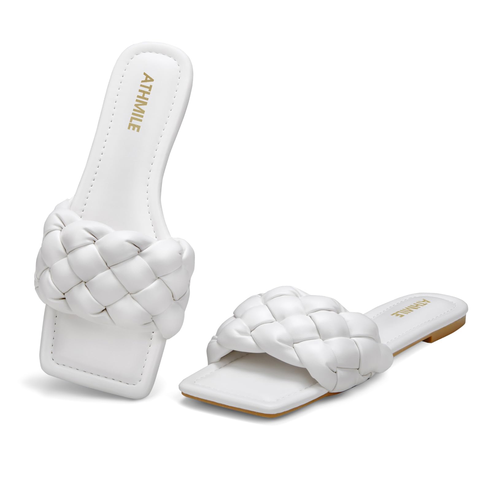 ATHMILE Braided Womens Sandals Square Open Toe Fashion Slide Sandals Women Dressy Summer Flat Beach 2025 Size 6-11