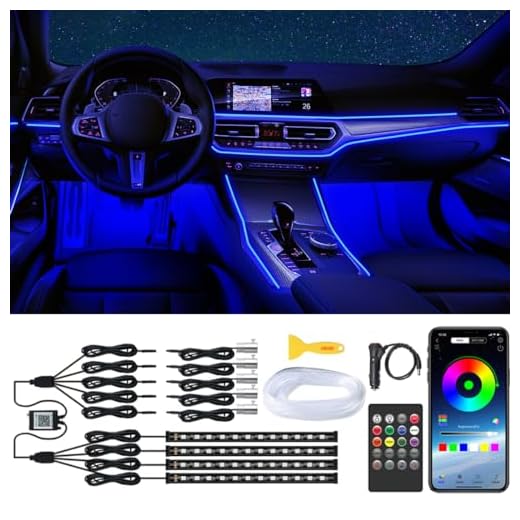 Interior Car Lights with Wireless APP & Remote Control, 9 in 1 RGB Car Ambient Lighting Kit with 4 Under Dash Lights & 5 Fiber Optic LED Strips, Sync to Music Inside Car Accessories