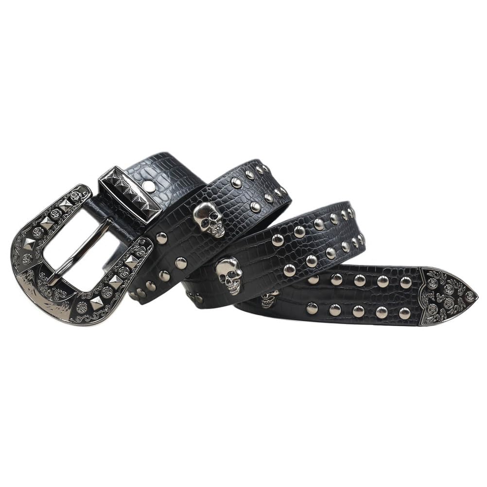 Surrycee Black,115cm/waist:38"~40", Skull Rivet Belts Women Men Black Studded Gothic Punk Rock Style PU Leather Belts with Big Buckle for Jeans Hip Hop, 38mm Wide