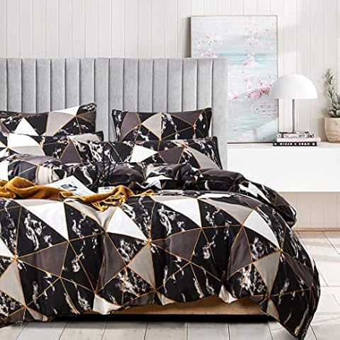 Chanyuan Black White Marble Bed Linen 135 x 200 cm Reversible Bed Linen Set 2-Piece Microfibre Geometric Modern Grey Brown Duvet Cover with Zip and Pillowcase 80 x 80 cm Cover