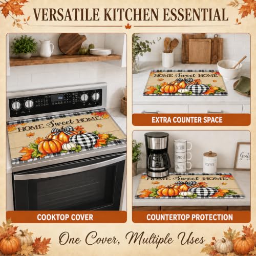 Image of Fall Pumpkin Stove Top Cover for Electric Glass Cooktop 28.5 x 20.5 Inch | Soft printed surface with a 3 mm non-slip rubber base, stitched edges, 2 hanging loops and 2 hooks included