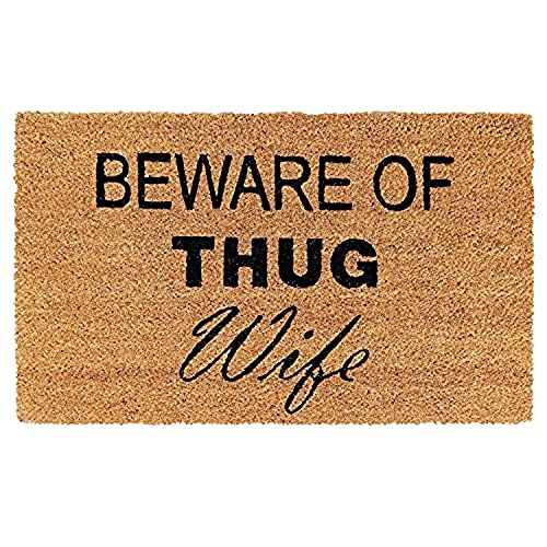 Image of Onlymat Natural Coconut Coir Beware of Thug Wife Funny Printed Anti-Slip Doormat for Home Entrance (45x75cm)