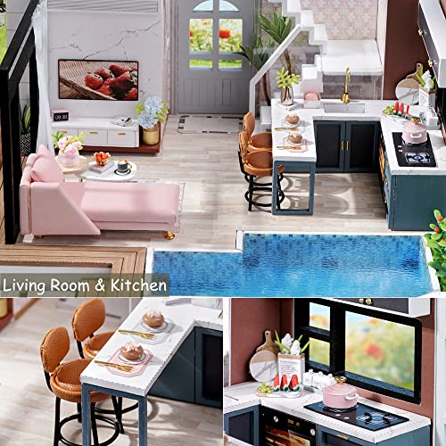 Image of TuKIIE DIY Miniature Dollhouse Kit with Furniture, 1:24 Scale Large Garden Villa Wooden Doll House Accessories Plus Dust Proof & Music Movement for Kids Teens Adults(West Creek House)