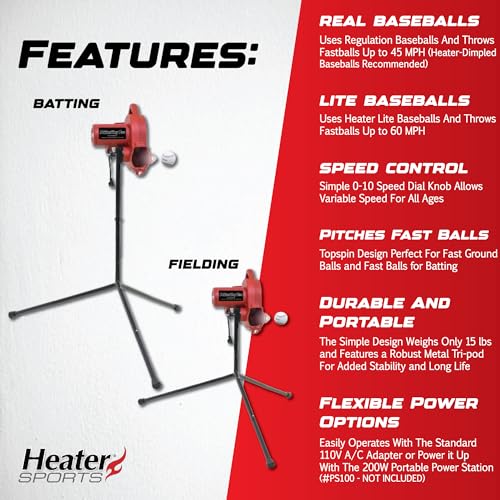 Heater Power Alley Pro Real Baseball Machine - Adjustable Design, Pitches Real Baseballs Up to 45 MPH, Accurate and Portable Training Tool for Batting, Pitching, and Field Practice by Heater - Image 2