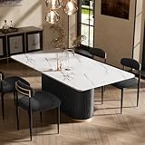 Morden Fort Modern Dining Table for 6, 70' Faux Marble Dining Table with Black Fluted Base and White Rectangle Top for Ktichen, Reception and Conference