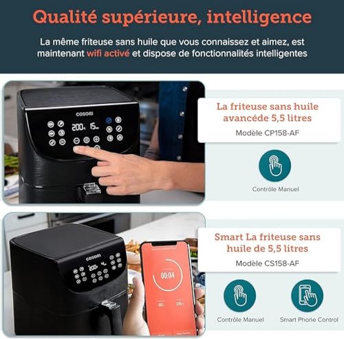 COSORI Smart WiFi heteluchtfriteuse 5.5L XXL met APP-bediening, zonder olie, heteluchtfriteuse met 13 programma's en 100 Duits receptenboekje, heteluchtfriteuse met one-touch, voorverwarmen, shake-modus, 1700W, zwart - Afbeelding 3