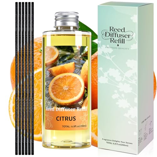 STRN Reed Diffuser Oil Refill, Citrus Scented Diffuser Oil Refills with 6 Reed Sticks 200ML(6.8fl.oz), Room Fresheners for Home, Long-Lasting Summer Fragrance for Living Room, Bedroom, Office