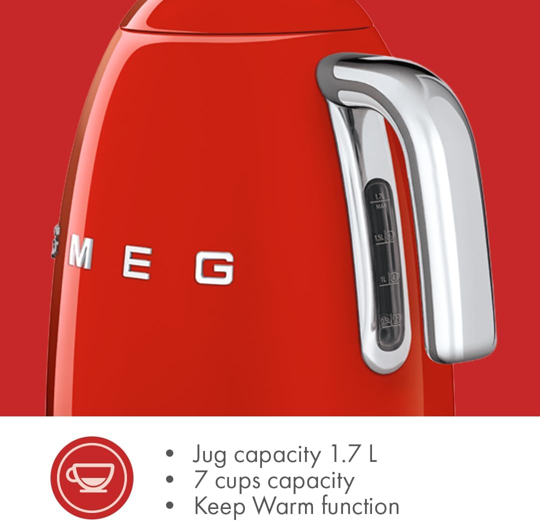 SMEG 7-Cup Variable Temperature Electric Kettle - Retro Style Aesthetic with Advanced Technology - Stainless Steel, 1400W, 120V, 360° Swivel Base, Keep Warm Function (Red)