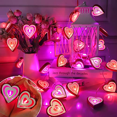 [ Timer ] Valentine's Day Wooden Heart Lights Decorations, 10 Ft 30 Led 3D Red Pink Hearts String Lights Hollow Heart Shaped Fairy Light Battery Operated Valentines Decor Indoor Home Bedroom Wedding #TOP1