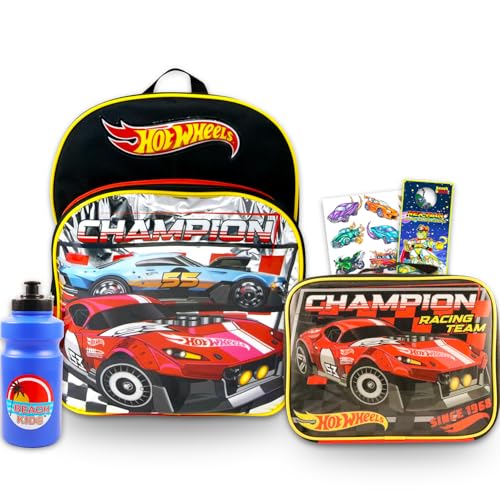Hot Wheels Conjunto de mochila com lancheira para meninos e crianças – Pacote de mochila de carro de corrida de 40,6 cm e lancheira isolada com garrafa de água, tatuagens, mais
