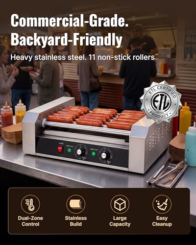 Image of SYBO Hot Dog Roller, 30 Hot Dogs 11 Rollers Grill Cooker Machine with Removable Stainless Steel Drip Tray, 1430-Watts, Ideal for Commercial And Party Use