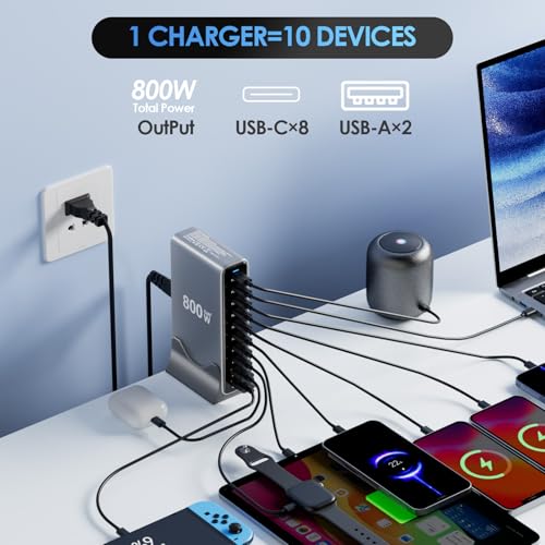 Image of 800W USB C Charger Block, 10 Port Charging Station, GaN Ⅲ Charging Station for Multiple Devices, Travel Charger for Multiple Devices, USB C Charging Hub Compatible with MacBook iPhone iPad Dell