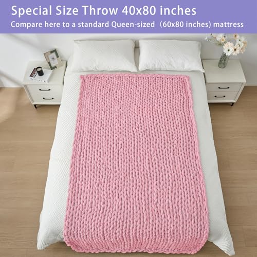Bigacogo Chunky Knit Throw Blanket for Couch, 40x80 inches, 100% Hand Knitted with Thick Jumbo Chenille Yarn, Cozy Soft Large Rope Knot Cable Crochet Blankets for Sofa Bed Living Room, Blush Pink