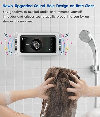 Image of Waterproof Shower Phone Holder with 360 Rotation, Angle Adjustable, Enhanced Sound Quality, Wall Mounted Phone Holder for Bathroom Mirror Bathtub Kitchen, Up to 7 Inch (White)