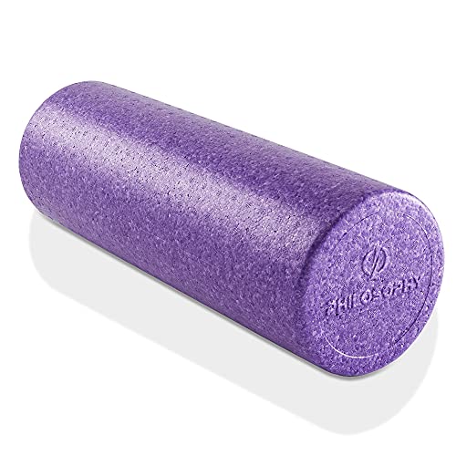 Purple 18-inch high-density foam roller on a light background — a full-length EPP tube for an older teen