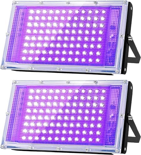 Glostars 100W LED Black Light, Powerful UV Spotlight, IP66, 395-400nm UV Lamp with Switch for Christmas Party, Evening Light, Glow Party, Outdoor (2 Packs)