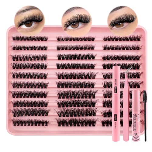 300Pcs Extensions de cils Set Cils artificiels pelucheux Cluster Lashes Extension Set Thick Lash Clusters Extensions de cils Avec Bond and Seal et Retirer les résidus de colle(680K-Kit)