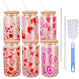 Kolewo4ever 6 vasos de vidrio para el día de San Valentín de 16 onzas con tapa de bambú y pajita, corazón rojo, vaso para agua, jugo, leche, cerveza, whisky, vodka y fiesta de San Valentín