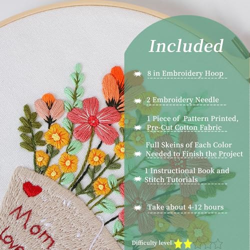 Image of FONNUY Bouquet Flowers Embroidery Kit Love Mom for Beginners, Pre-Stamped Pattern Kits for Adults with Hoop, Easy to Follow Color Thread Needlework, 8'' Hoop (Wildflowers)
