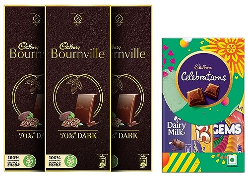 Image of Cadbury Celebrations Assorted Chocolate Gift Pack, 62.2 g- Pack of 8 & Bournville Rich Cocoa 70% Dark Chocolate Bar, 3 x 80 g