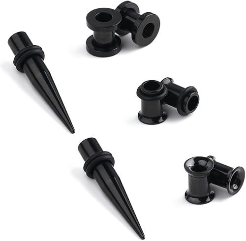 Ruifan 4 pares de tapones de acero quirúrgico chapado en negro, calibre de oreja, tornillo de oreja, dilatador, kit de estiramiento, 4 estilos,