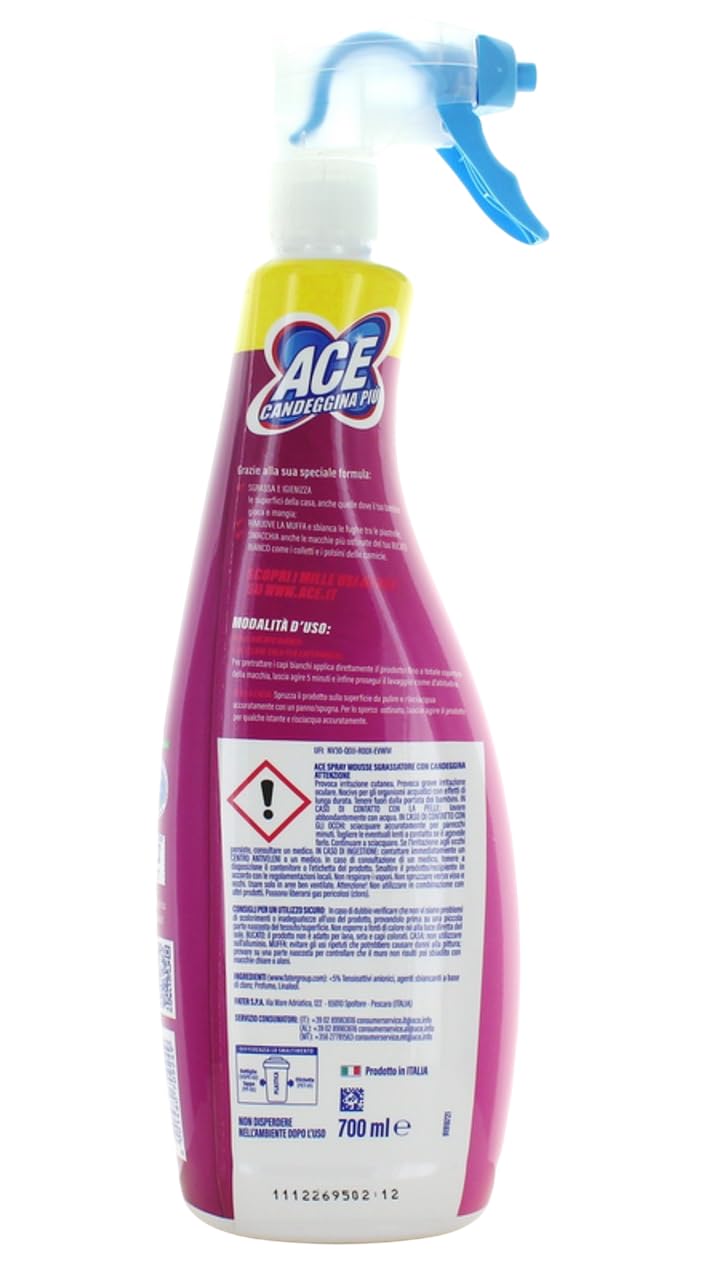 10x ACE Candeggina +Mousse, sgrassa le superfici della casa e le macchie più ostinate del bucato,Flacone Spray da 700ml + Portachiavi Beni Culinari in Omaggio