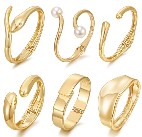 BOMAIL 6pcs Chunky Gold Bangle Bracelet for Women 14k Gold Plated Wide Hinged Cuff Open Bracelet Dainty Minimalist Bangle Jewelry