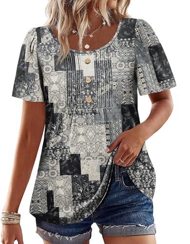 Image of Womens Tops Dressy Casual Blouses Short Sleeve Shirts Plus Size Fashion Clothing Spring Summer Outfits Button Pleated Front