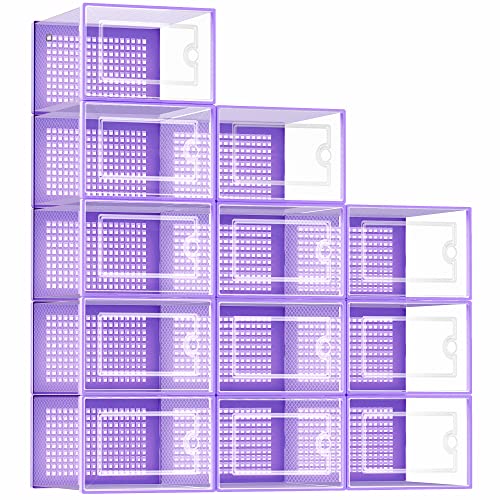 Image of Kuject Large Shoe Organizers Storage Boxes for Closet, 12 Pack Clear Plastic Stackable Storage Bins with Lids, Under Bed Shoe Containers for Entryway, Drop Front, Fit up to Women's Size 10,Purple