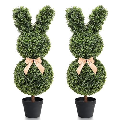 3FT Boxwood Bunny Topiary 2 Pcs Faux Bunny Shape Boxwood Topiary 36 Inch Artificial Rabbit Shape Boxwood for Porch Patio Indoor Decor
