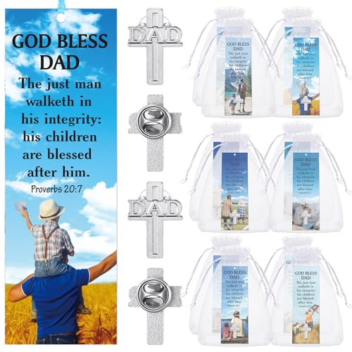 Supervitae 24 Pcs/ 12 Sets God Bless Dad Lapel Pin with Father's Day Bookmark Gift Set, Include 12 Proverbs 20: 7 Christian Bookmarks 12 Cross Dad Pin for Religious Church Prizes