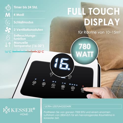 KESSER® Klimaanlage Mobiles Klimagerät 4in1 kühlen | Luftentfeuchter lüften | Ventilator 7000 BTU/h 780W | Mobil Klima mit Montagematerial, Fernbedienung & Timer | Nachtmodus & 360° Rollen – Bild 5