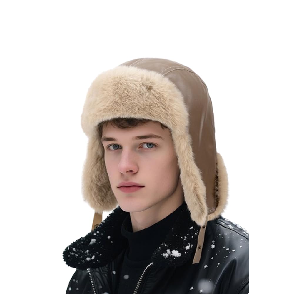 czapka zimowa, Zimowa, zabytkowa czapka Bomer, wiatroszczelna, lotnicza, motocyklowa, ze sztucznego futra, z nausznikami, Trooper, narciarska(Khaki)
