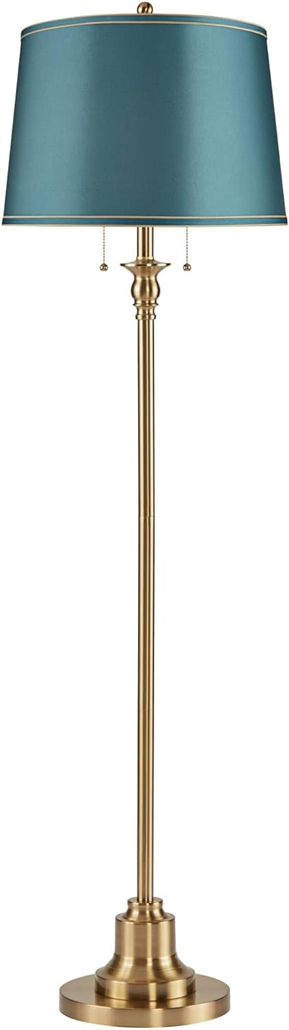 360 Lighting Dyna Traditional 58" Tall 2-Light Standing Floor Lamp Skinny Pole Pull Chain Gold Antique Brass Finish Living Room Bedroom House Reading Office Home Decor Entryway Soft Teal Drum Shade