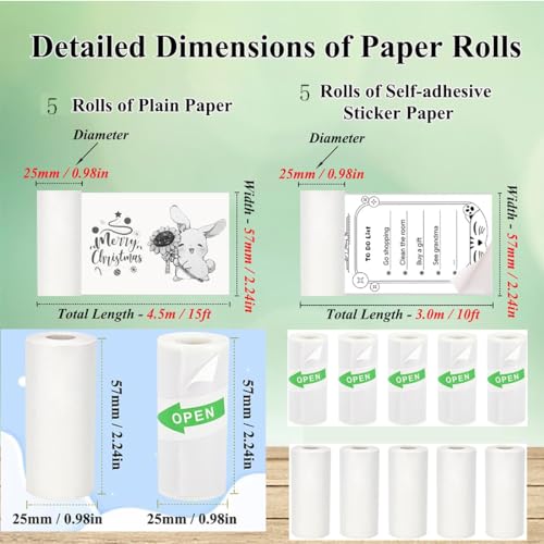 Image of 10Pcs Mini Printer Paper, 57 x 25 mm 5 Rolls Self Adhesive Thermal Paper Printable Sticker Paper and 5 Rolls White Printing Paper for Pocket Thermal Printer